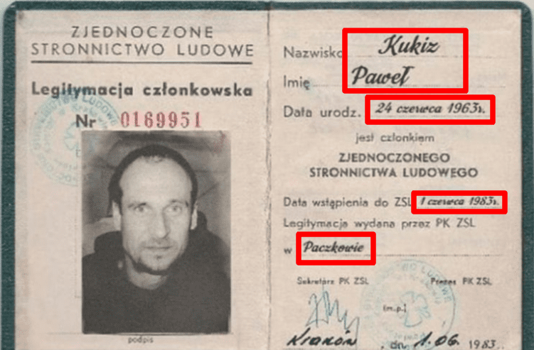 Fotografia przedstawiająca legitymację z wizerunkiem Pawła Kukiza z zaznaczonymi pola z wygenerowanym pismem.