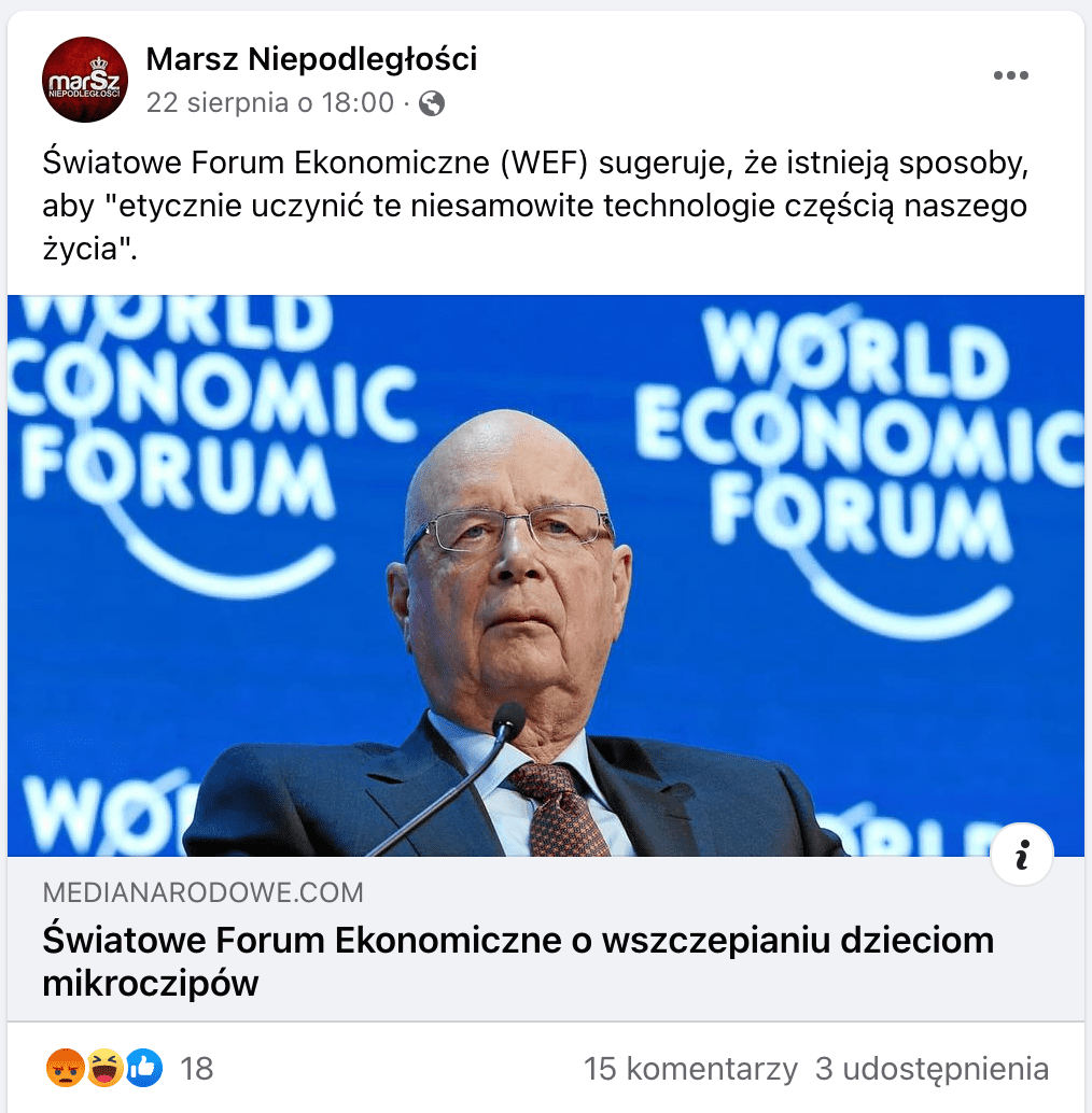 Zrzut ekranu omawianego posta. Na zdjęciu widnieje Klaus Schwab: starszy mężczyzna w garniturze w okularach. W tle znajduje się logo World Economic Forum.
