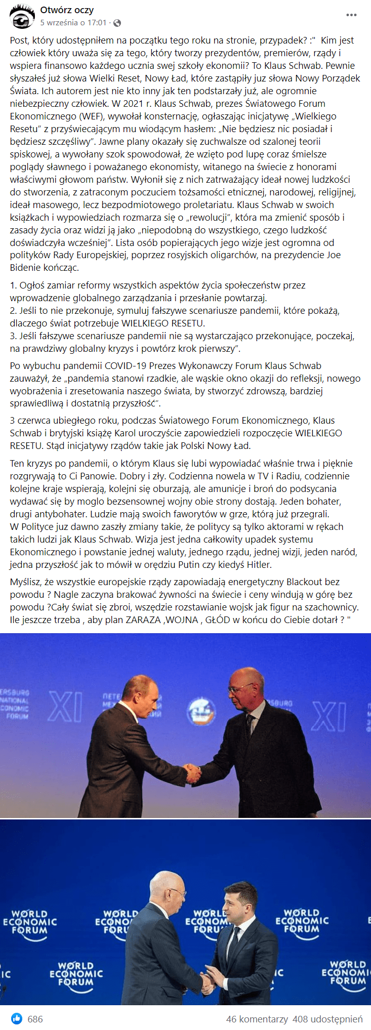 Zrzut ekranu wpisu na Facebooku, w którym opisano, jakoby Klaus Schwab dążył do zniesienia własności prywatnej i pogłębiania konfliktów na świecie. Całość zobrazowano zdjęciami Klausa Schwaba z Władimirem Putinem oraz Wołodymyrem Zełeńskim.