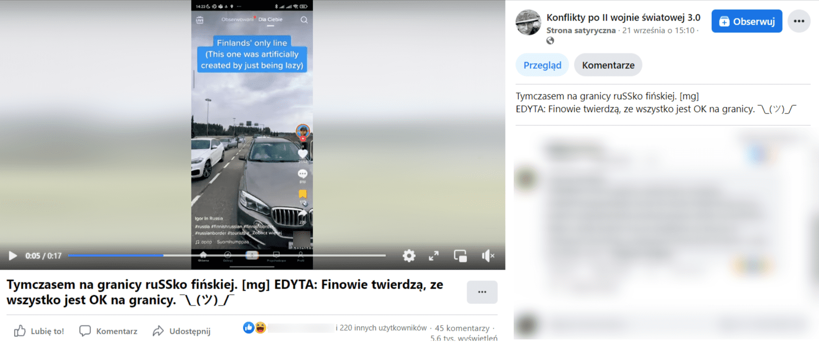 Zrzut ekranu wpisu na Facebooku, w którym podano, że nagranie odnosi się do sytuacji na granicy fińsko-rosyjskiej. 