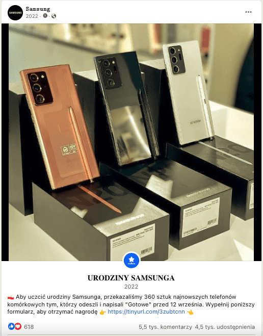Wpis na Facebooku zawierający fałszywą informację o rozdawaniu telefonów za darmo. Na załączonym zdjęciu widać trzy smartfony Samsunga w kolorach ciemnoróżowym, jasnoczarnym i białym.