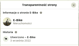Zakładka transparentność strony zawierająca informacje o stronie E-Bike, a także historię konta