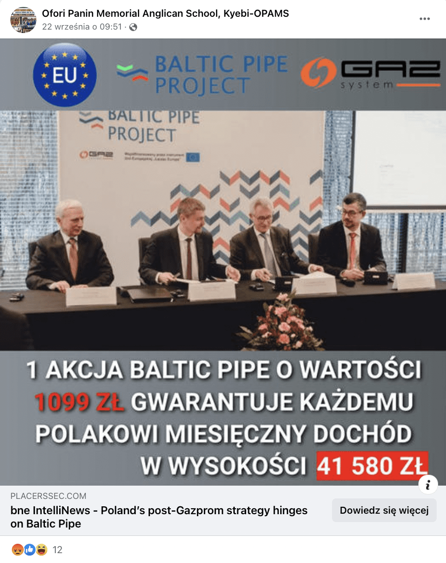 Zrzut ekranu z Facebooka. Do posta dołączono zdjęcie, na którym widać czterech mężczyzn siedzących na tle ściany z napisem Baltic Pipe Project.