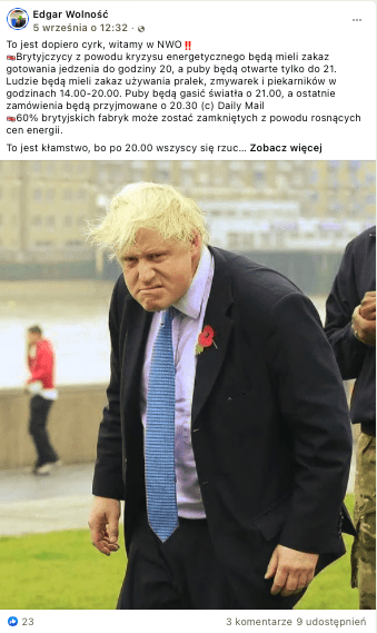 Wpis na Facebooku zawierający informacje o rzekomych planach zakazu gotowania czy korzystania z pralek przez Brytyjczyków. Pod spodem znajduje się zdjęcie byłego premiera Borisa Johnsona z gniewnym grymasem, ubranego w marynarkę, koszulę i krawat 