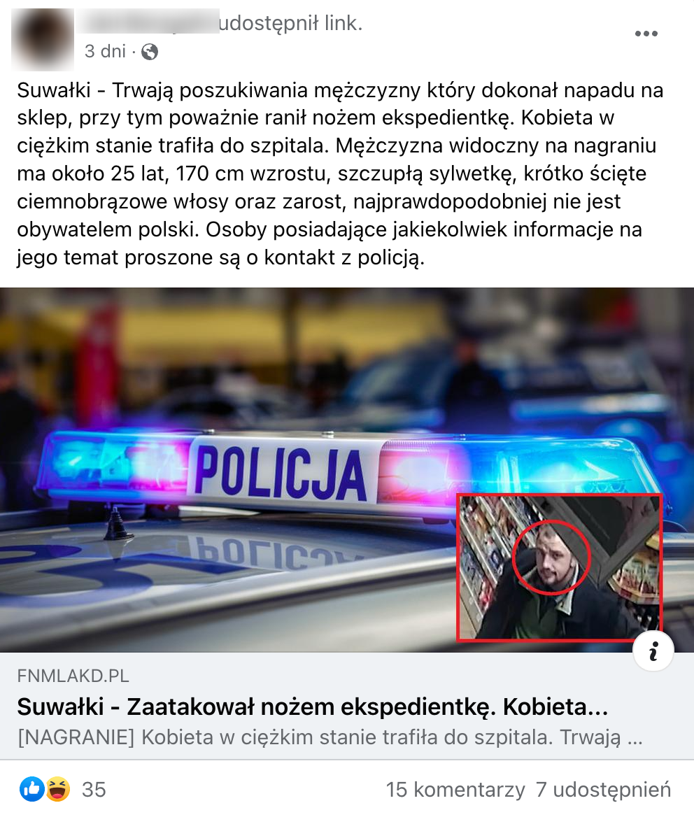 Zrzut ekranu z posta na Facebooku, w którym podano informację o ataku. Na zdjęciach widoczny jest radiowóz policyjny i mężczyzna z brodą wewnątrz sklepu.