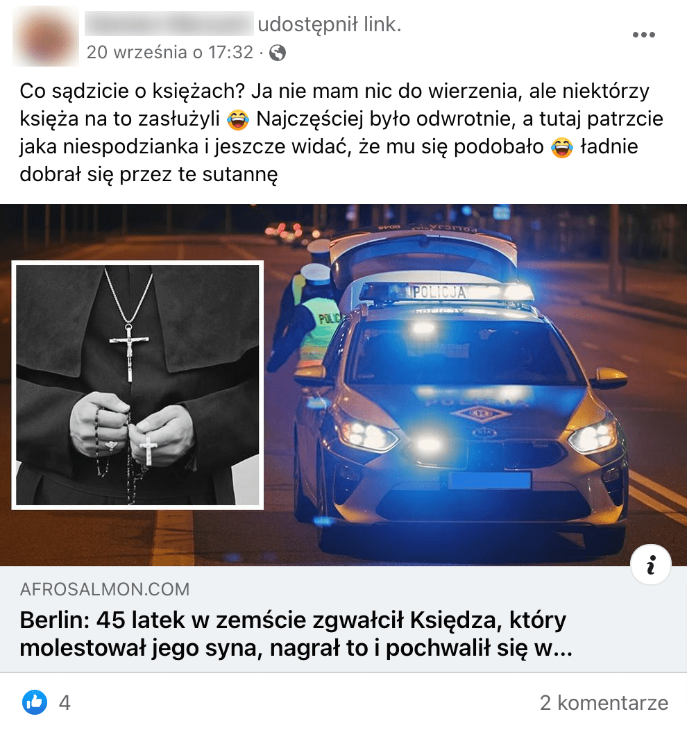 Zrzut ekranu z posta na Facebooku, w którym podano informację o gwałcie. Na zdjęciach widoczny jest mężczyzna w sutannie oraz radiowóz policyjny.
