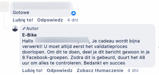 Komentarz w języku polskim „gotowe” i odpowiedź na komentarz w języku holenderskim, zachęcająca do udostępnienia wpisu na innych grupach