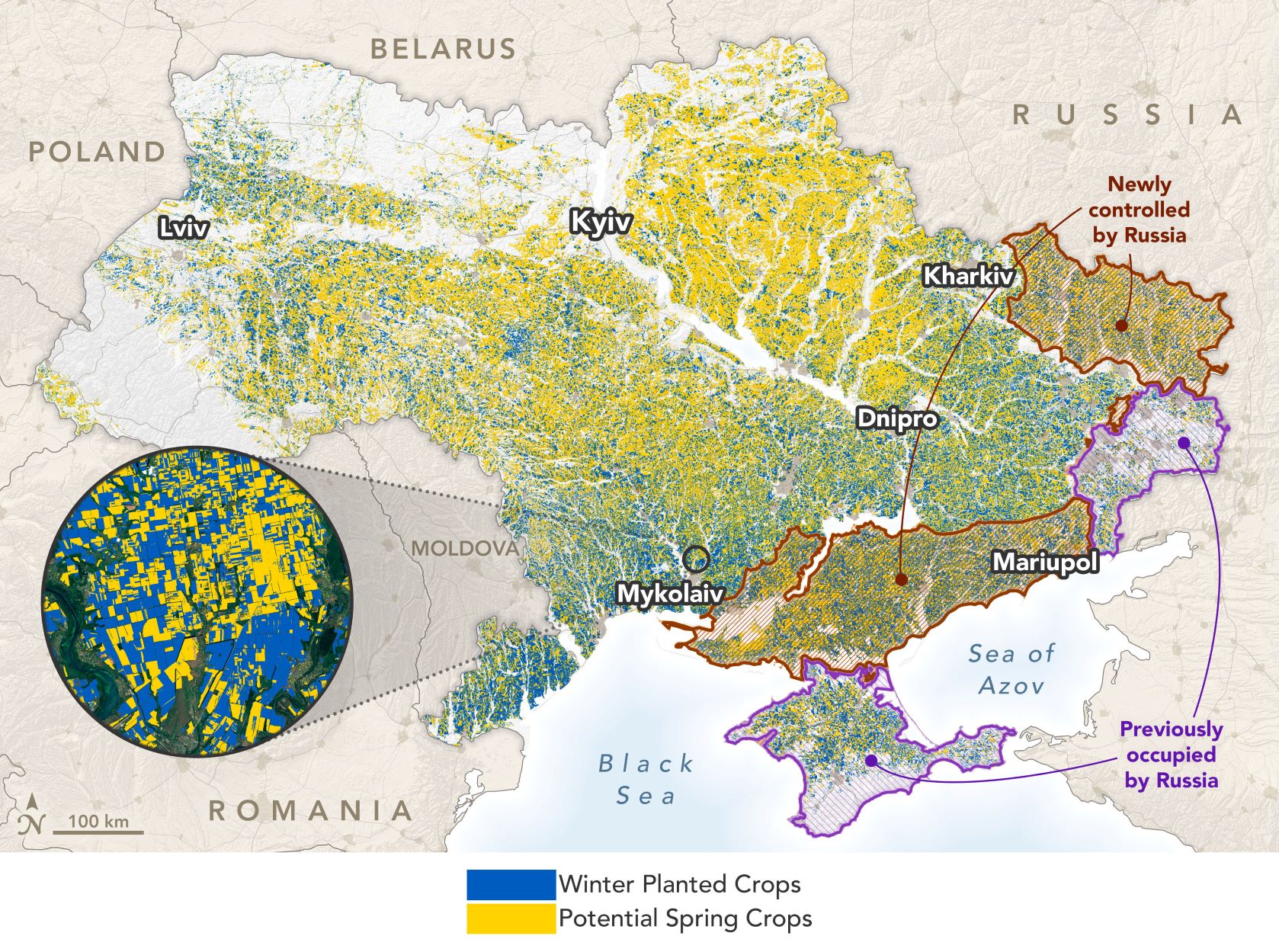 Mapa przedstawiające tereny Ukrainy kontrolowane przez Rosję