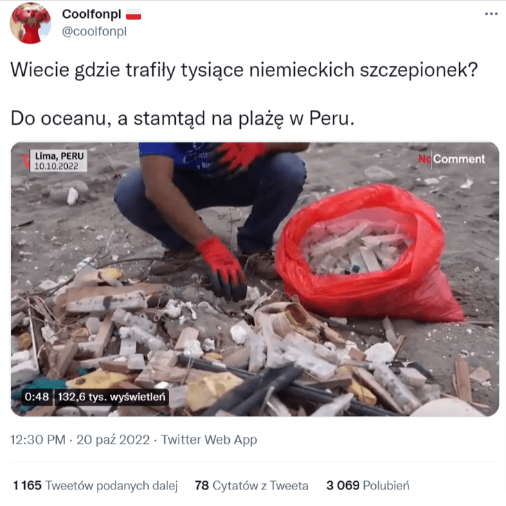 Zrzut ekranu wpisu na Twitterze, w którym zaprezentowano nagranie ze sprzątania plaży w Peru. Użytkownicy polubili wpis ponad 3 tys. razy i udostępnili ponad tysiąc.