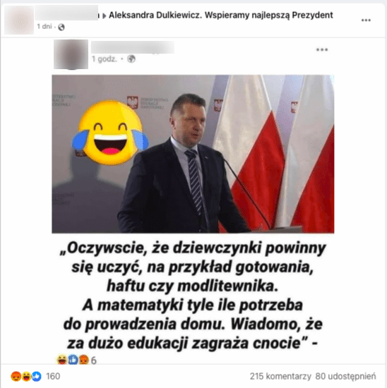 Wpis na Facebooku zawierający nieprawdziwą wypowiedź przypisywaną ministrowi edukacji Przemysławowi Czarnków. Na zdjęciu widzimy Ministra stojącego na tle polskich flag, a także ścianki z godłem i nazwą Ministerstwa Edukacji. 