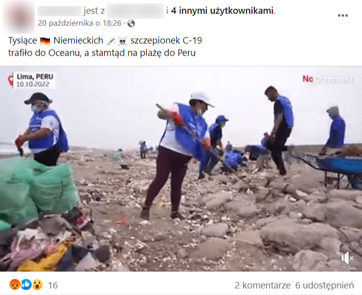 Zrzut ekranu wpisu na Facebooku, w którym pokazano nagranie ze sprzątania plaży w Peru. Internauci polubili film 16 razy, a udostępniło go sześciu użytkowników.