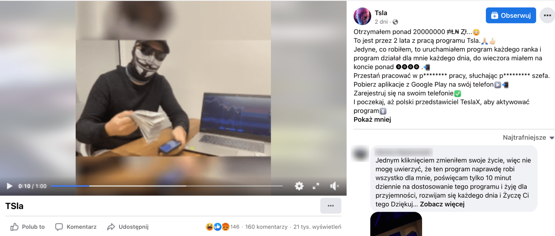 Zrzut ekranu posta na Facebooku. W kadrze widzimy mężczyznę z plikiem banknotów ubranego w ciemne okulary, czapkę z daszkiem i maskę Guy’a Fawkesa kojarzoną z grupą „Anonymous”. Obok niego na biurku stoi włączony laptop.