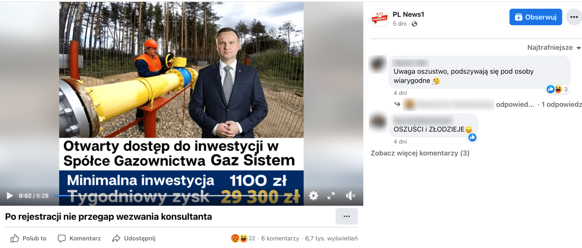 Zrzut ekranu posta na Facebooku. W kadrze omawianego filmu znajduje się prezydent Andrzej Duda w granatowym garniturze i szarym krawacie. Stoi na tle zdjęcia, człowieka w kasku i odzieży ochronnej obsługującego zawór.