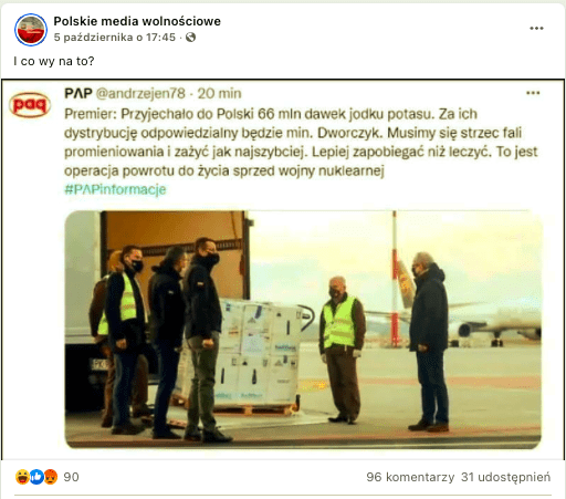 Wpis na Facebooku zawierający tweet podszywający się pod PAP. W tweedzie zawarto zdjęcie palety z pudełkami, a także dwóch mężczyzn w odblaskowych kamizelkach i stojących obok nich premiera Mateusza Morawieckiego, ministra zdrowia Adama Niedzielskiego - wszyscy są w maseczkach.