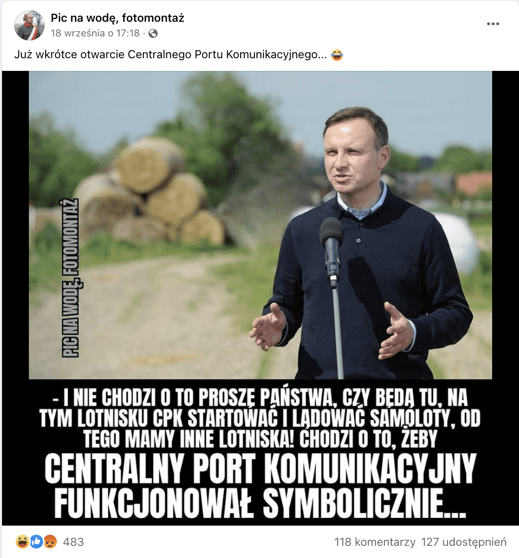 Zrzut ekranu z Facebooka. Do posta dołączono zdjęcie, na którym widać prezydenta Andrzeja Dudę.