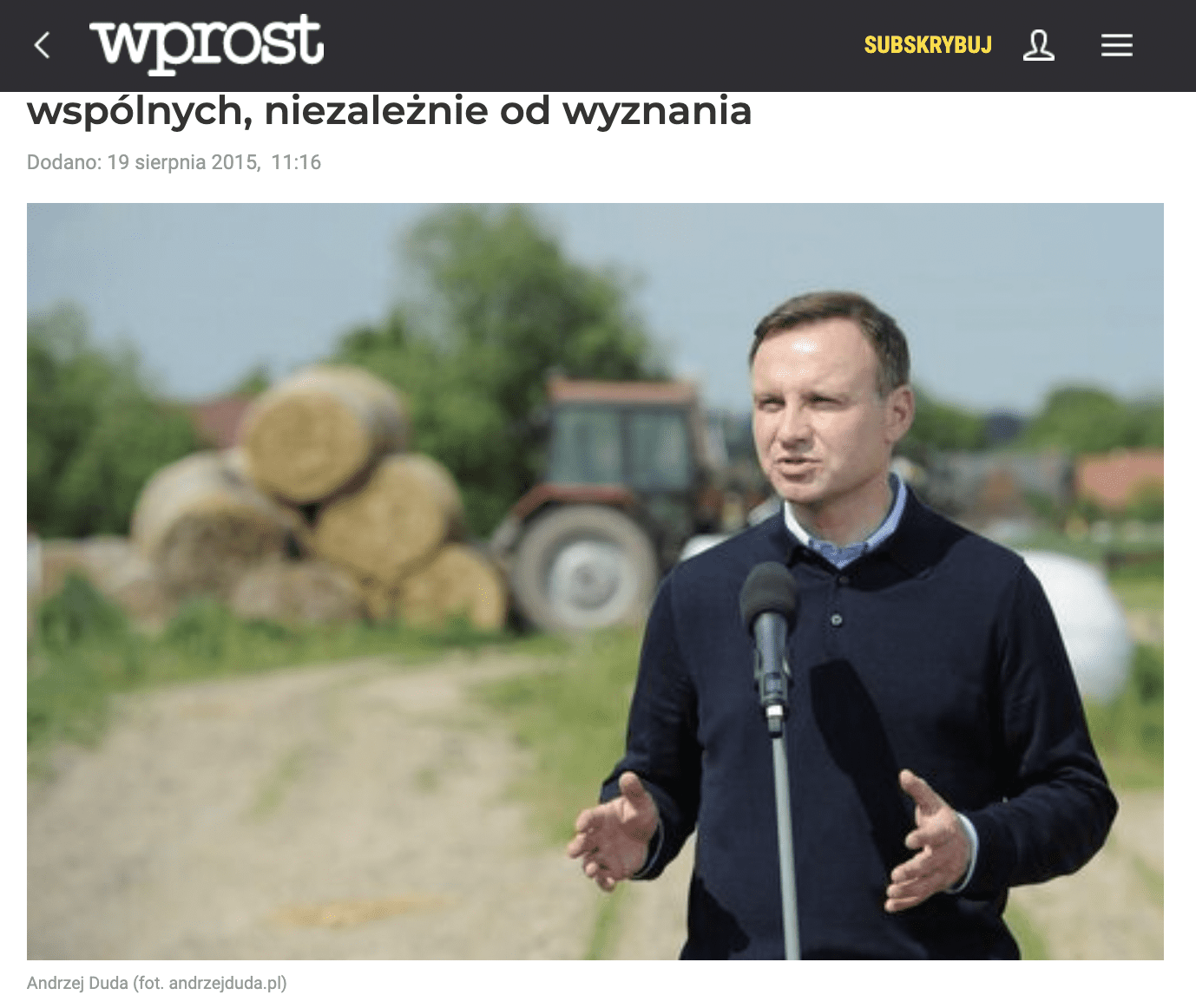 Zrzut ekranu z serwisu Wprost.pl. Na zdjęciu widzimy prezydenta Andrzeja Dudę.