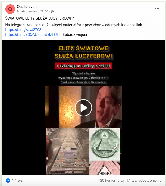 Wpis na Facebooku zawierający nagranie będące fragmentem wywiadu z rzekomym byłym bankierem opowiadającym o tym, jak przedstawiciele elity są satanistami składającymi ofiary z dzieci. Pod nagraniem znalazło się kilka obrazków przedstawiających oko opatrzności (jedno z nich z banknotu dolara amerykańskiego), a także piramidę.