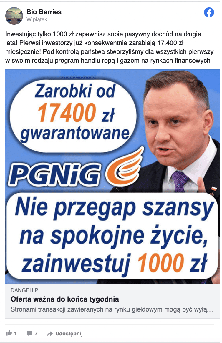 Zrzut ekrany z Facebooka. Do posta dołączono grafikę, która zachęca do inwestycji w PGNiG. Wykorzystano na niej wizerunek Andrzeja Dudy.