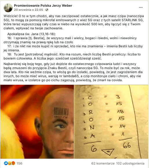 Wpis na Facebooku zawierający fałszywe informacje o czipach 5G. Do posta dołączone są zdjęcia mężczyzny z wytatuowanym kodek kreskowym nad prawą brwią, a także kartki z wyliczeniami wskazującymi na liczbę 666.