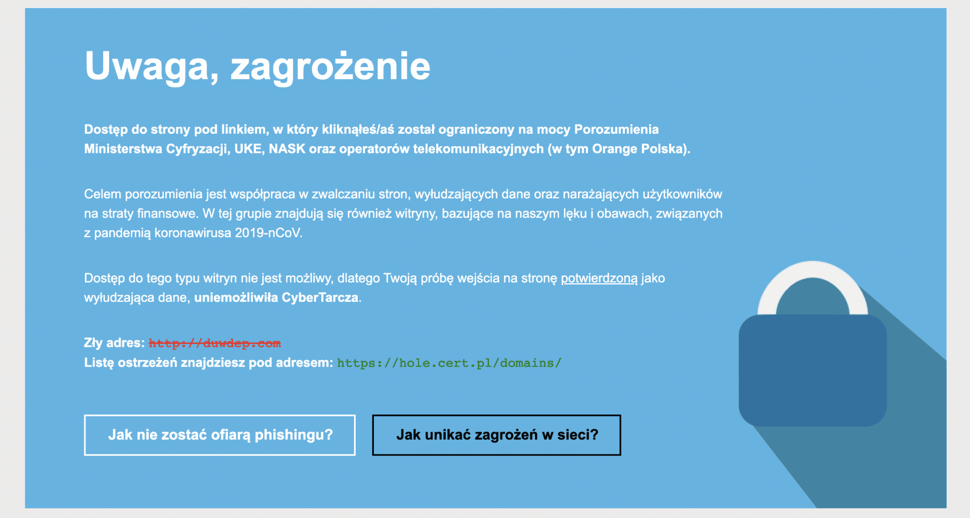 Zrzut ekranu ze strony alert.cert.orange.pl