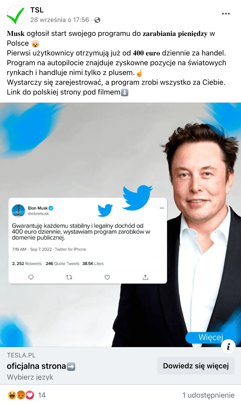 Zrzut ekranu z posta na Facebooku dotyczącego programu do zarabiania. Widoczne jest zdjęcie Elona Muska w białej koszuli i czarnej marynarce oraz wpis, który rzekomo biznesmen zamieścił na Twitterze.