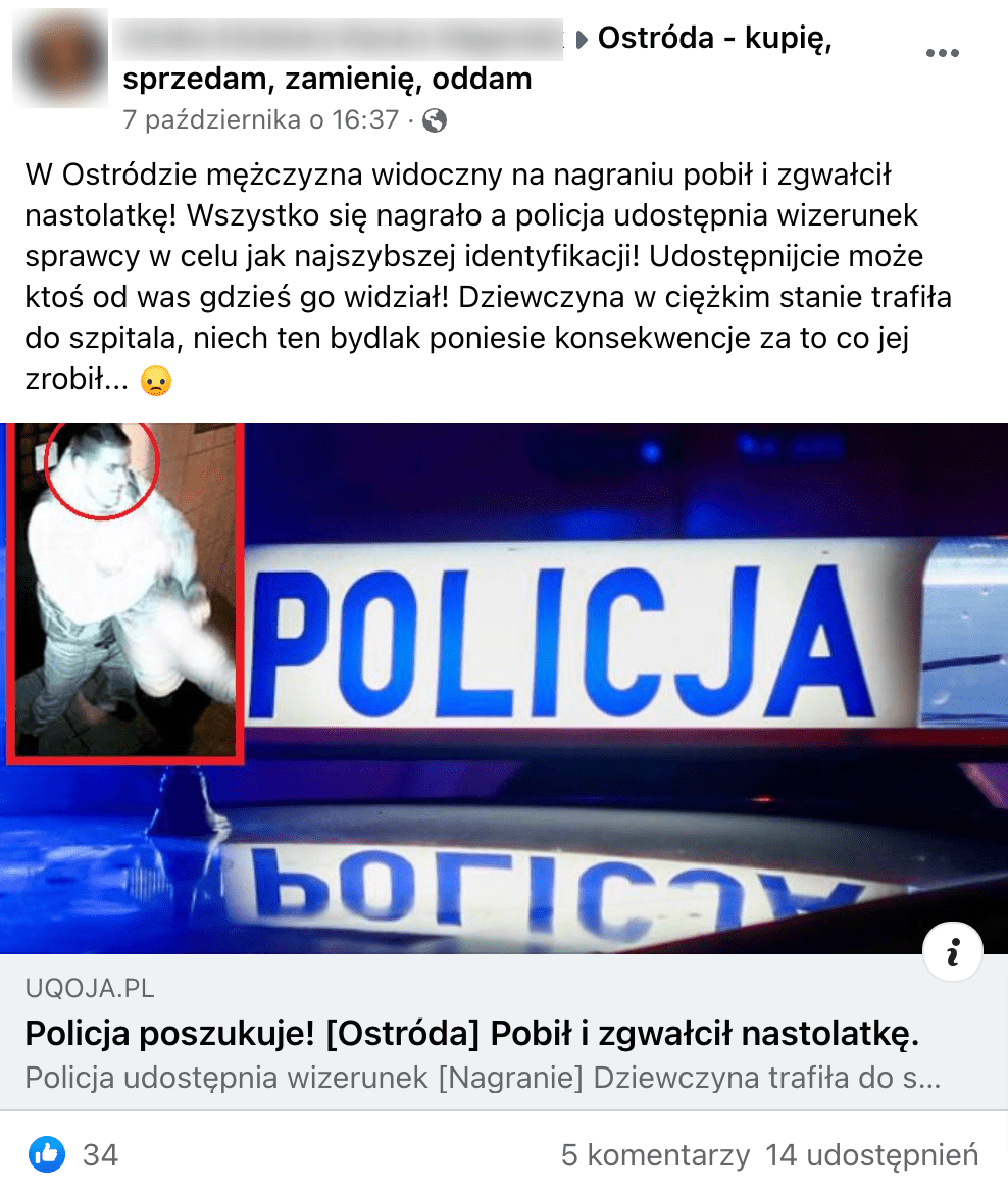Zrzut ekranu z posta na Facebooku na temat zbrodni. Widoczny jest radiowóz policyjny oraz zdjęcie mężczyzny zarejestrowane przez kamerę przemysłową. Wpis zdobył 34 reakcje, 5 komentarzy i 14 udostępnień.