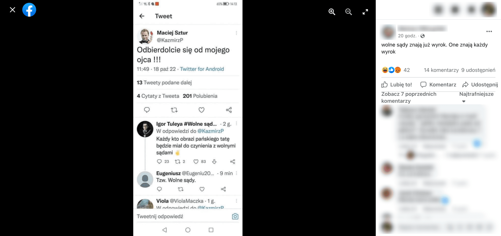 Zrzut ekranu z posta na Facebooku z fałszywych tweetem Macieja Stuhra. Wpis zdobył ponad 40 reakcji, 14 komentarzy i 9 udostępnień.