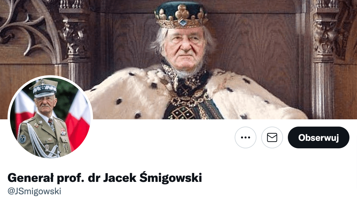 Zrzut ekranu z konta na Twitterze o nazwie JSmigowski. Widoczne jest zdjęcie generała na tle polskich flag oraz fotografia przedstawiająca mężczyznę w stroju szlacheckim.