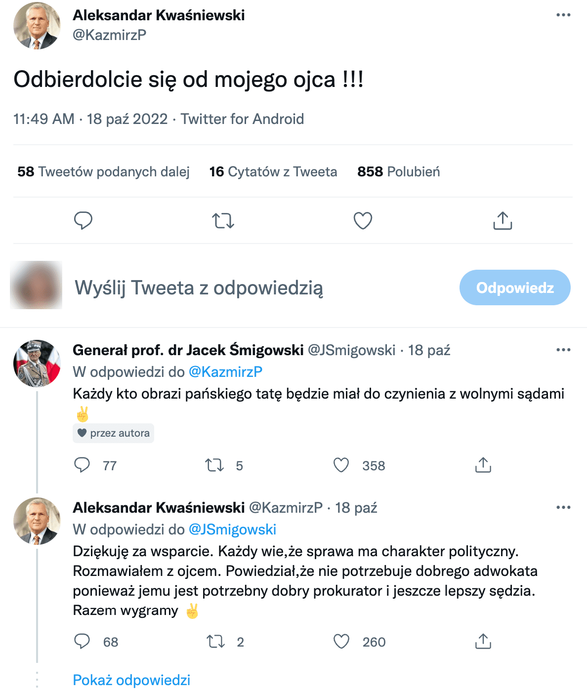 Zrzut ekranu ze wpisu na Twitterze udostępnionego rzekomo przez Aleksandra Kwaśniewskiego.