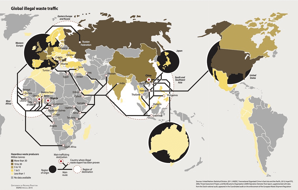 Mapa nielegalnego handlu odpadami na świecie.