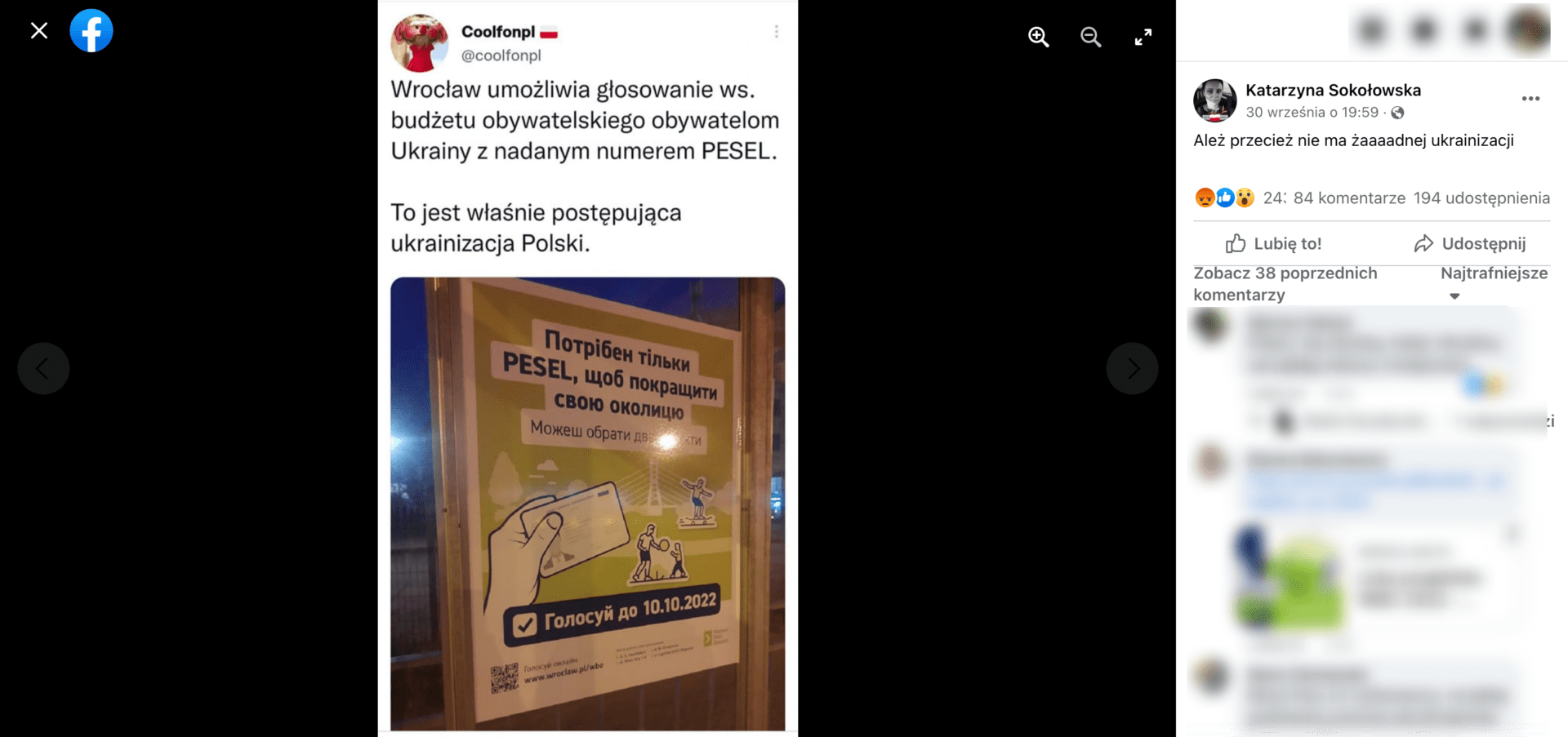 Zrzut ekranu z posta na Facebooku, w którym zasugerowano „ukrainizację” Polski z powodu przepisów w sprawie budżetu obywatelskiego. Wpis zdobył ponad 240 reakcji, ponad 80 komentarzy i ponad 190 udostępnień.