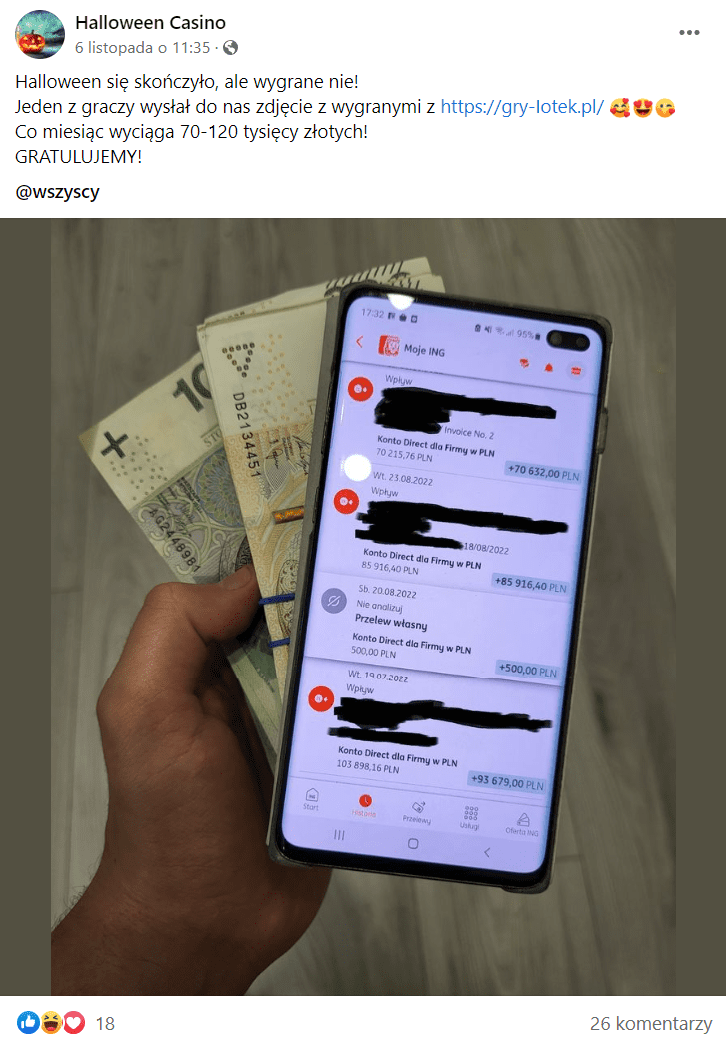 Zrzut ekranu wpisu na Facebooku, w którym chwalono się dużą wygraną w internetowym kasynie. Na załączonym zdjęciu widoczna jest dłoń mężczyzny z plikiem pieniędzy i jego telefon, na którego ekranie widnieją liczne wpłaty.