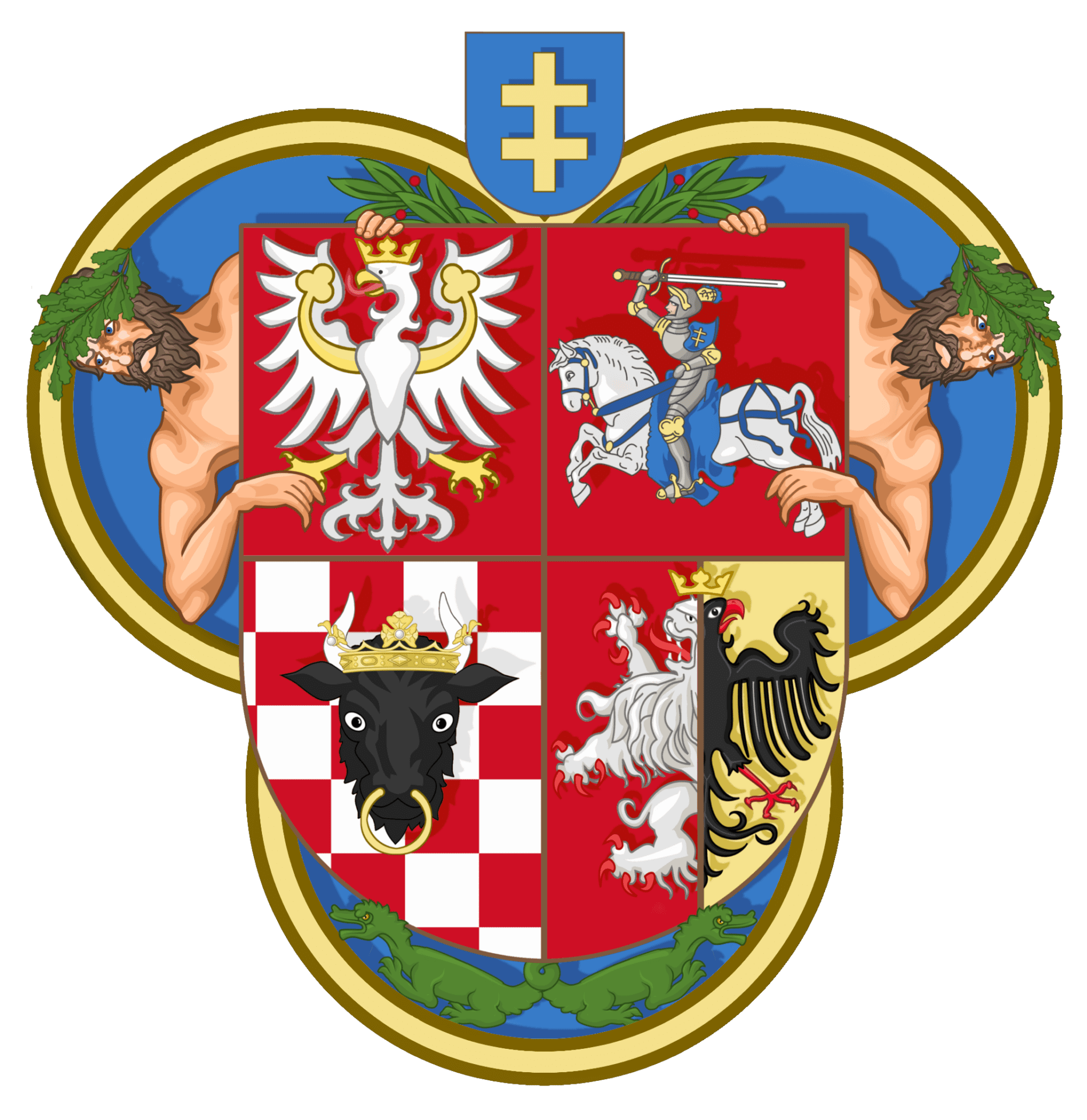 Współczesna rekonstrukcja herbu Kazimierza Jagiellończyka na podstawie jego pieczęci. Na głowie orła widać otwartą koronę.