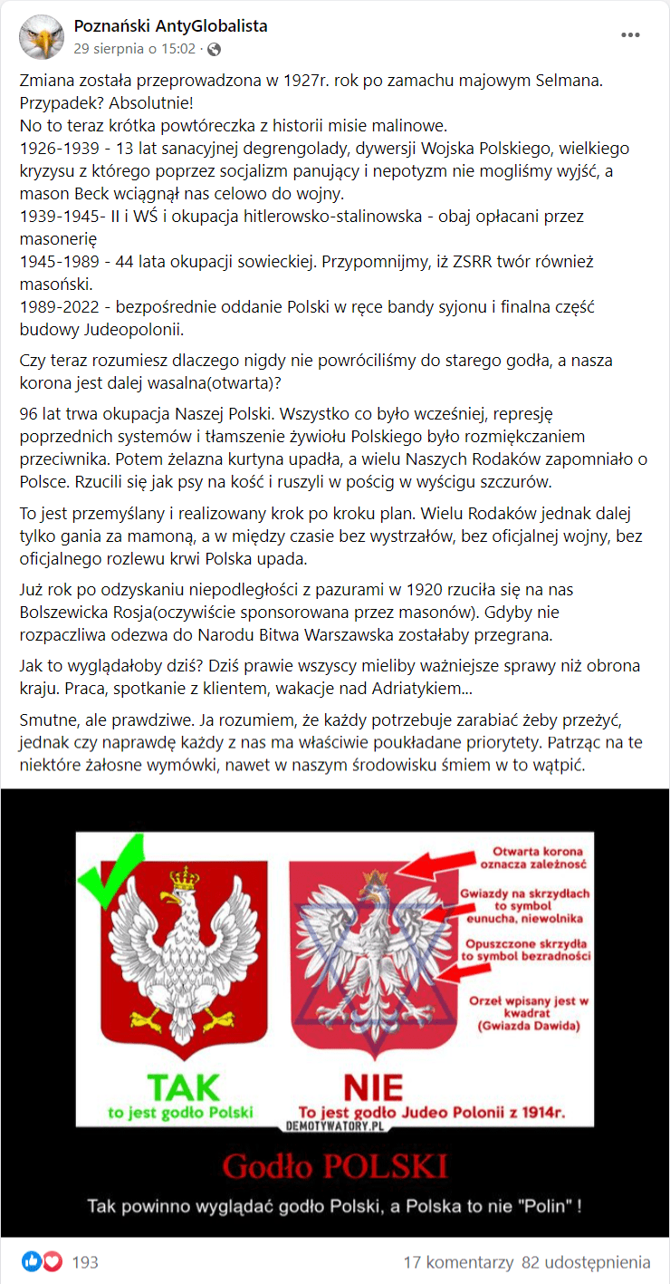 Zrzut ekranu wpisu na Facebooku, w którym przedstawiono dwie wersje polskiego herbu razem z dokładnym opisem jego symboliki i historii. Na wpis zareagowały 193 osoby, a ponad 80 udostępniło go dalej.