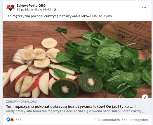 Wpis na Facebooku zawierający link do tekstu o diecie mającej pomóc pokonać cukrzycę. Post zawiera zdjęcie przedstawiające pokawałkowane banany, jabłka i przecięte na pół kiwi, a także liście szpinaku. Wszystko to leżące na drewnianym blacie