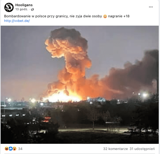 Post zawierający fotografię wybuchu, rzekomo zrobioną w trakcie eksplozji w Przewodowie.