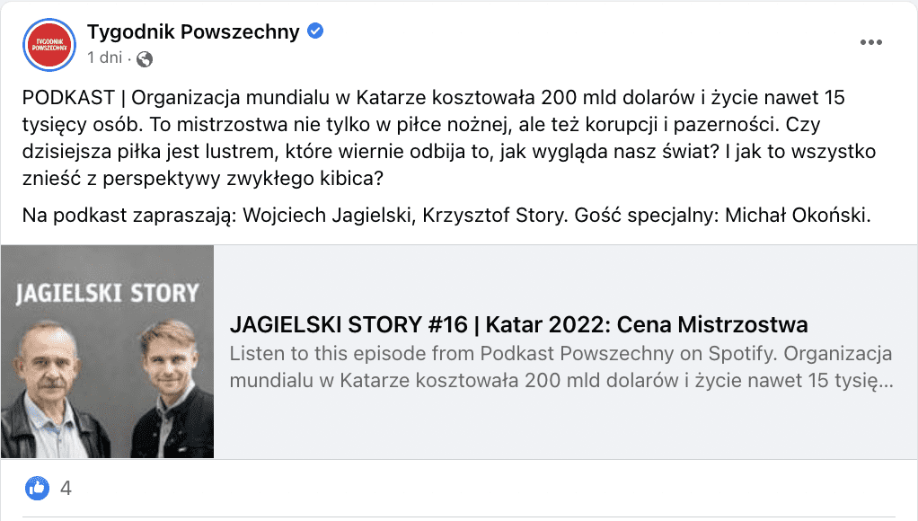 Zrzut ekranu z Facebooka. Do postu dołączono link do podcastu. Na zdjęciu widać dwóch mężczyzn — to Wojciech Jagielski i Krzysztof Story.