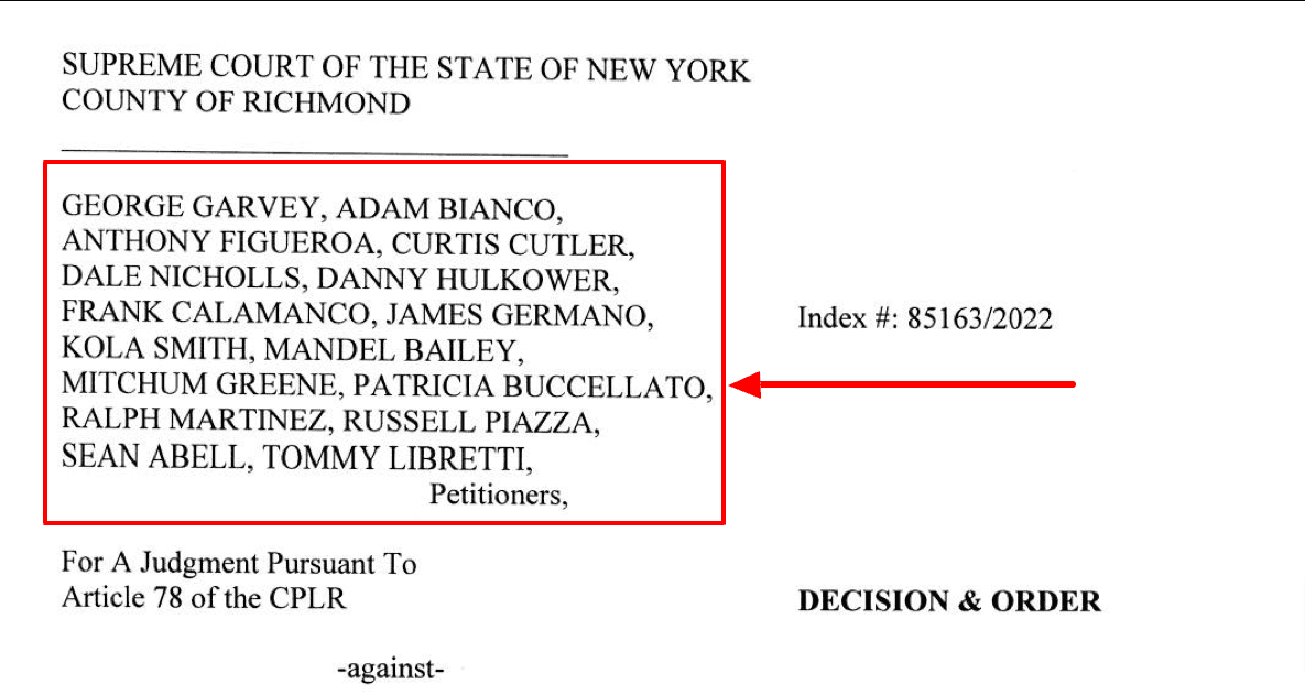 Lista osób wymienionych jak powód w postępowaniu sądowym w Nowym Jorku w związku z przywróceniem do pracy.