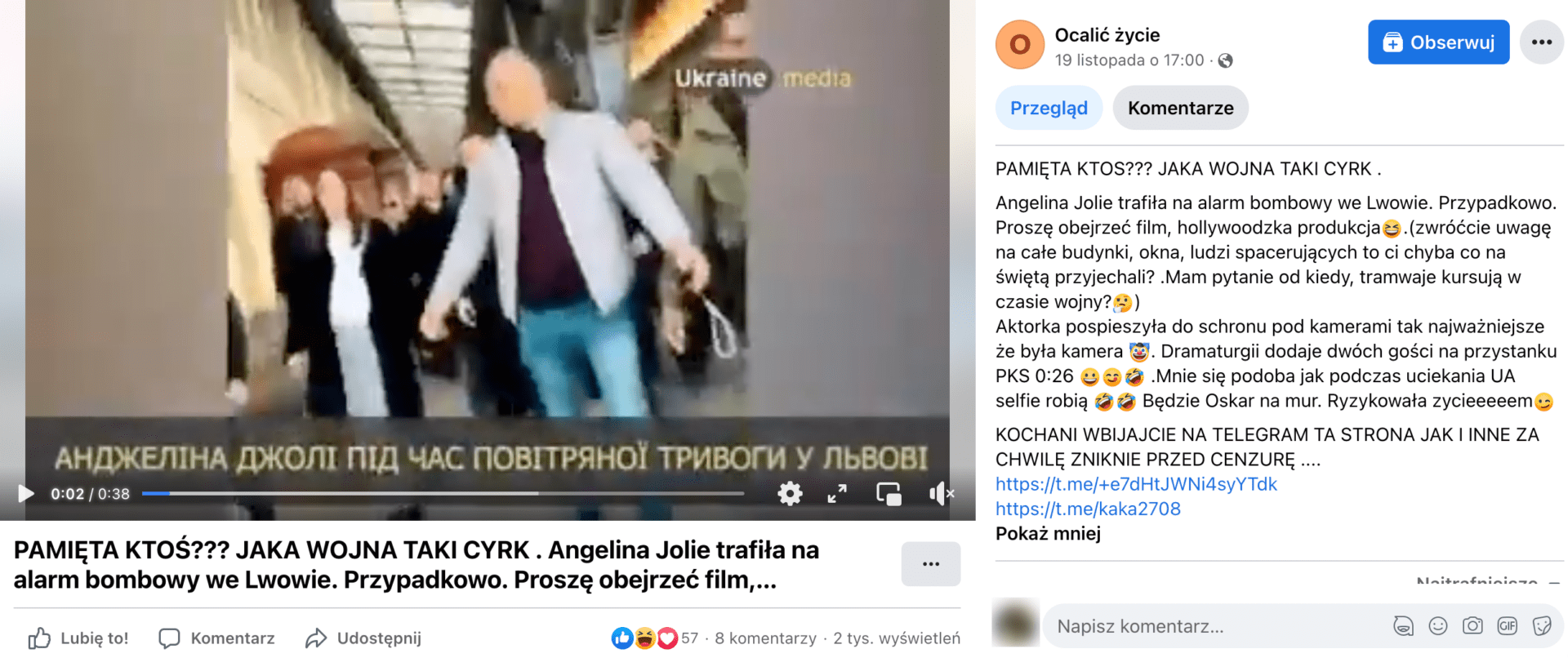 Zrzut ekranu posta, w którym zamieszczono nagranie z Angeliną Jolie. Obraz jest niewyraźny, lecz widoczna jest aktorka i inni ludzie dookoła. Post zdobył ponad 50 reakcji, 8 komentarzy i ponad 2 tys. wyświetleń.