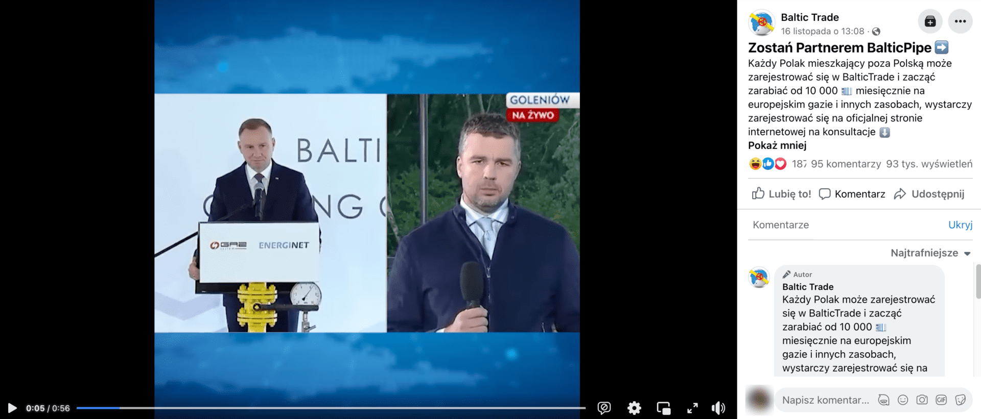 Zrzut ekranu posta na Facebooku, w którym udostępniono film z udziałem prezydenta na temat inwestycji w Baltic Pipe. Widoczny jest prezydent Andrzej Duda oraz dziennikarz z mikrofonem w ręku.