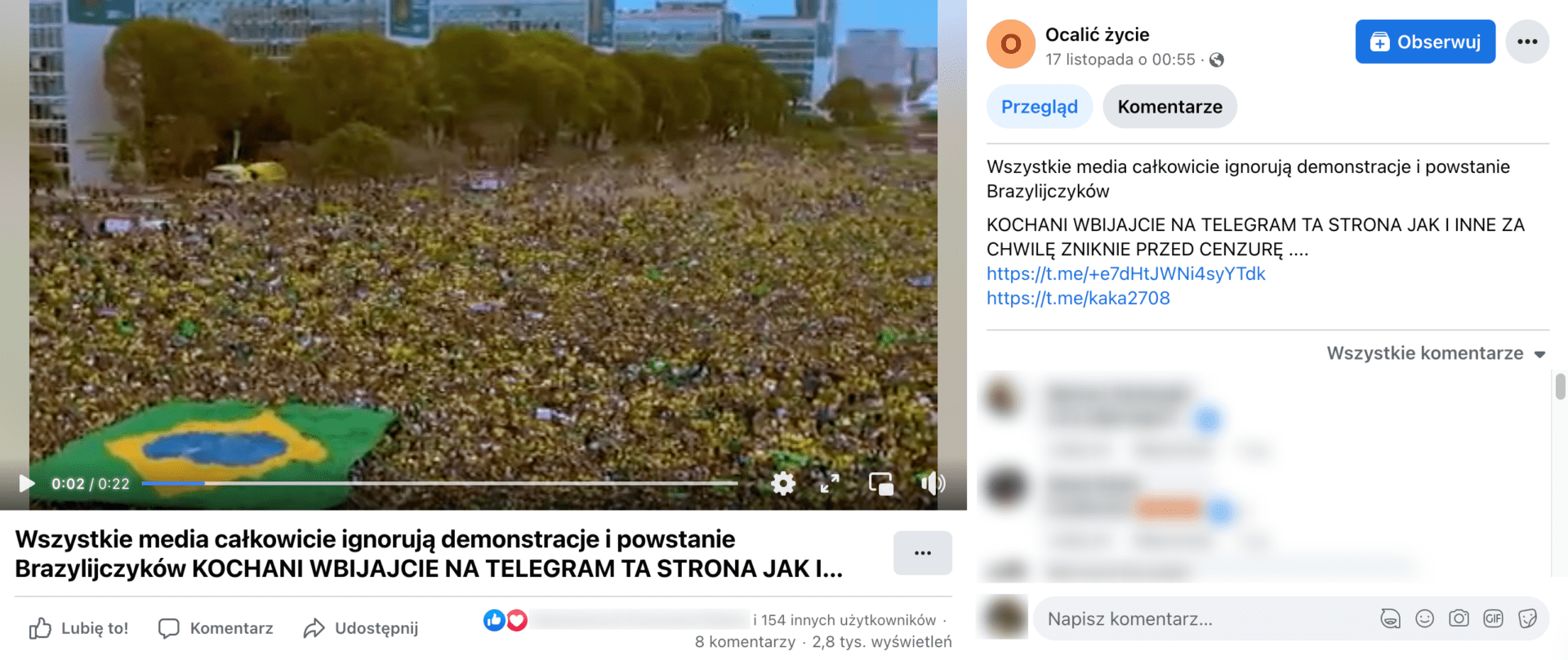 Zrzut ekranu posta, w którym zamieszczono opisywane nagranie. Widoczny jest tłum ludzi wymachujących brazylijskimi flagami.
