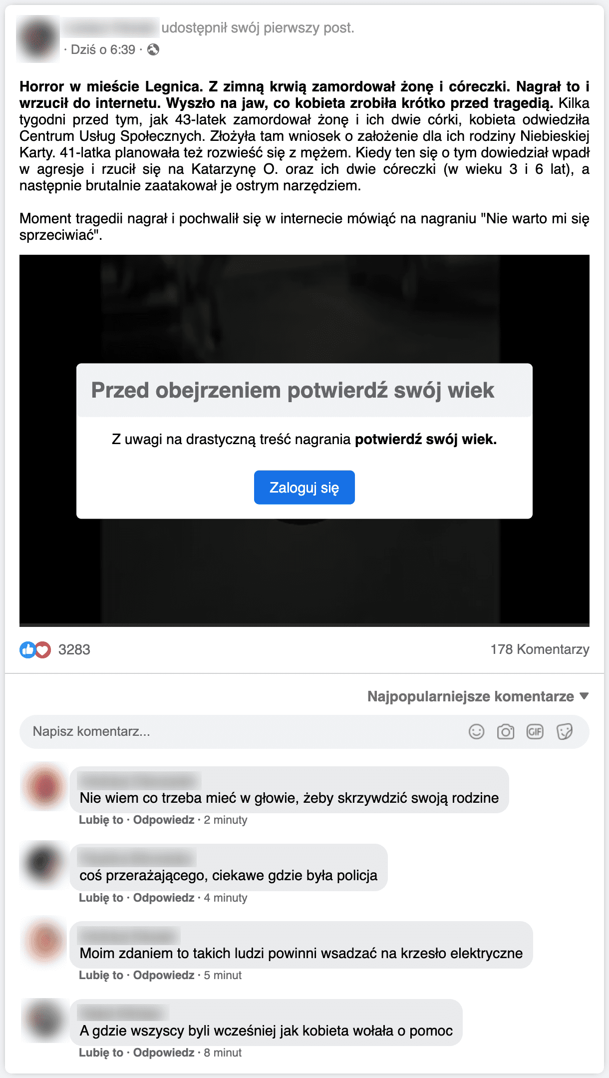 Zrzut ekranu posta ze strony podszywającej się pod Facebooka. Pod postem umieszczono wideo, które zostało zablokowane przez ekran obowiązkowego logowania. Niżej są komentarze użytkowników.
