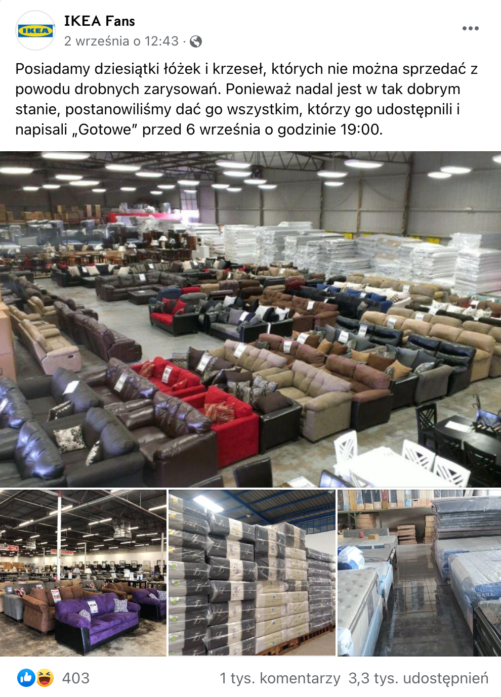 Zrzut ekranu z posta na Facebooku z przykładową akcją promocyjną. W tym przypadku oszuści podszywają się pod profil sklepu Ikea i oferują rzekomo darmowe meble. Widoczne są zdjęcia mebli.
