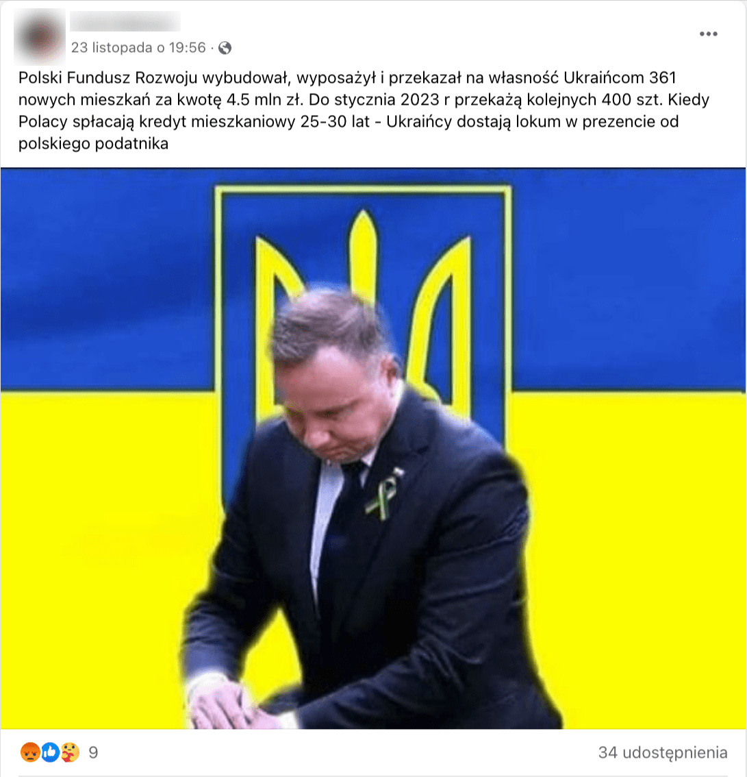 Zrzut ekranu z Facebooka. Do posta dołączono zdjęcie prezydenta Andrzeja Dudy na tle flagi Ukrainy.