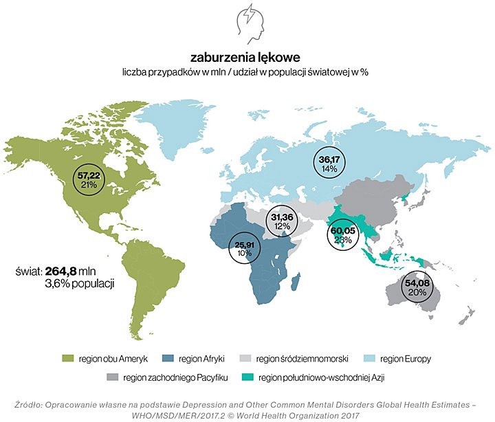 Mapa pokazująca jak dużo osób cierpi na zaburzenia lękowe w różnych częściach świata