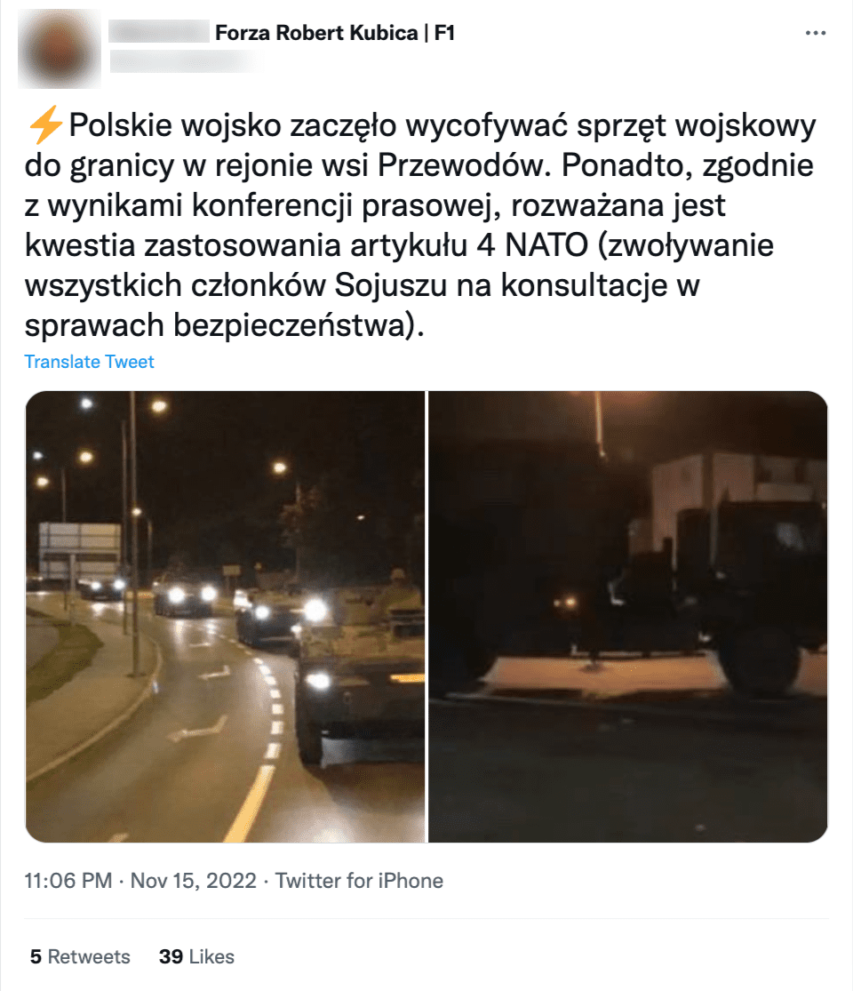 Zrzut ekranu z Twittera. Do tweeta dołączono zdjęcia, na których widać wojskowe pojazdy.