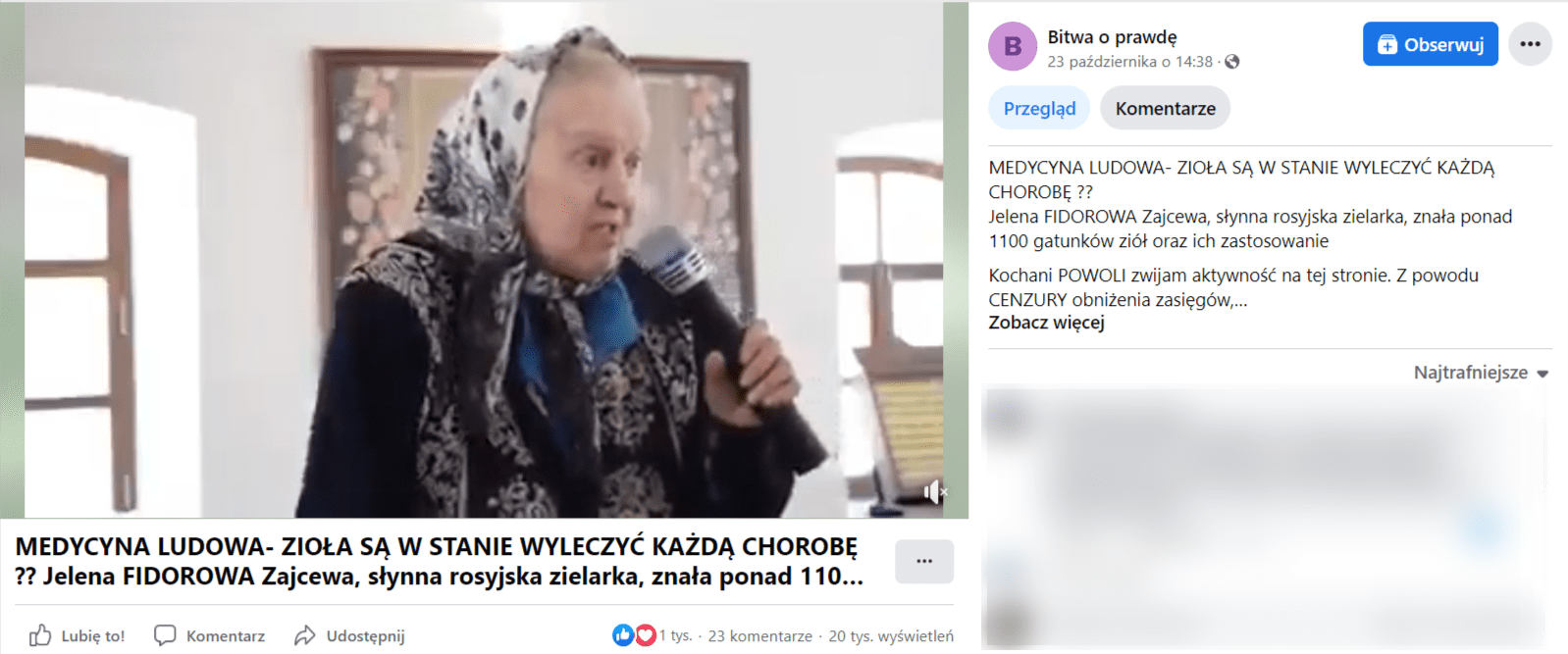 Zrzut ekranu wpisu na Facebooku, do którego dołączono nagranie z rosyjską zielarką. Na stopklatce widać zielarkę Elenę Fedorovnę, która przemawia do zgromadzonych w niewielkiej sali.