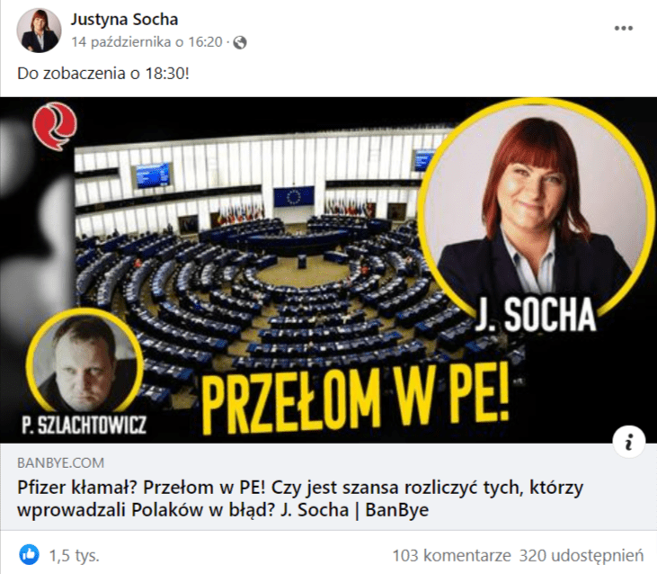 Zrzut ekranu wpisu na Facebooku, w którym Justyna Socha zapowiada rozmowę na temat szczepionek przeciw COVID-19 w banbye.pl.