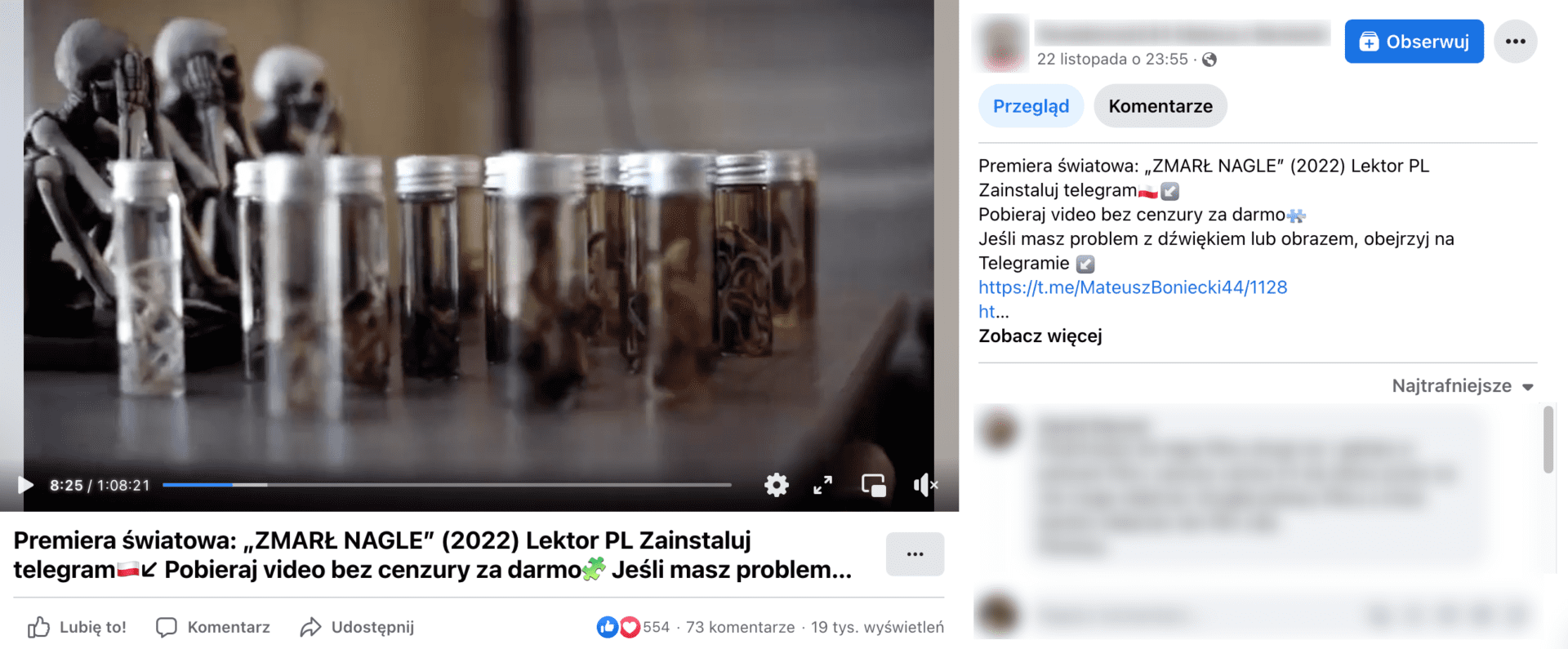 Zrzut ekranu posta na Facebooku, w którym zamieszczono opisywane nagranie. Widoczne są probówki z ciemnymi substancjami, w tle widać kościotrupy trzymające się za głowy. Ten konkretny wpis zdobył ponad 550 reakcji, ponad 70 komentarzy i ponad 19 tys. wyświetleń.