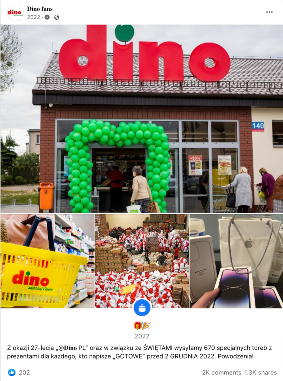 Zrzut ekranu posta na Facebooku. Zdjęcia udekorowanego sklepu Dino, koszyka z zakupami, pracowników pakujących paczki i telefonów firmy Apple.